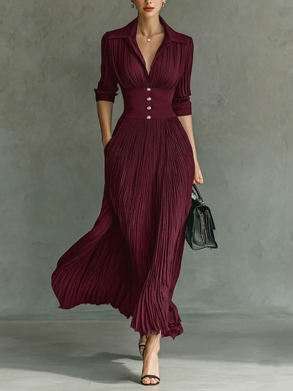Elegant Pleated Lapel Waisted Long-sleeved Maxi Dress