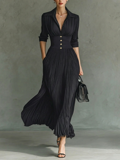 Elegant Pleated Lapel Waisted Long-sleeved Maxi Dress
