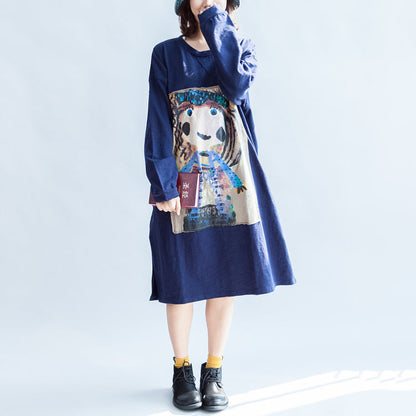 Marineblaue Baumwollkleider mit Mädchendruck, Oversize-Kaftans, Etuikleid im lässigen Stil