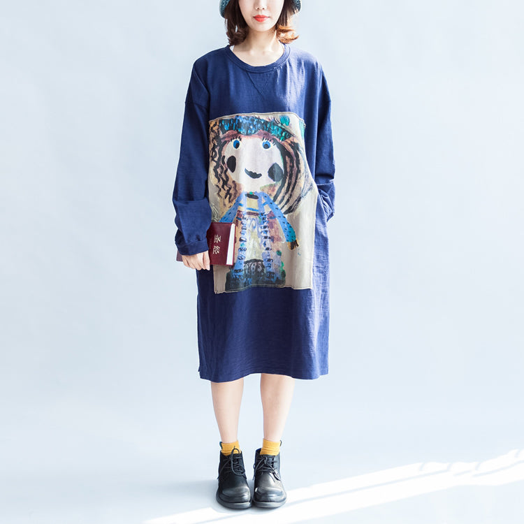 Marineblaue Baumwollkleider mit Mädchendruck, Oversize-Kaftans, Etuikleid im lässigen Stil