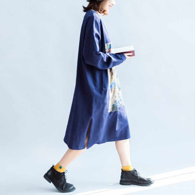 Marineblaue Baumwollkleider mit Mädchendruck, Oversize-Kaftans, Etuikleid im lässigen Stil