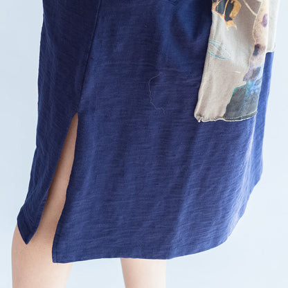 Marineblaue Baumwollkleider mit Mädchendruck, Oversize-Kaftans, Etuikleid im lässigen Stil