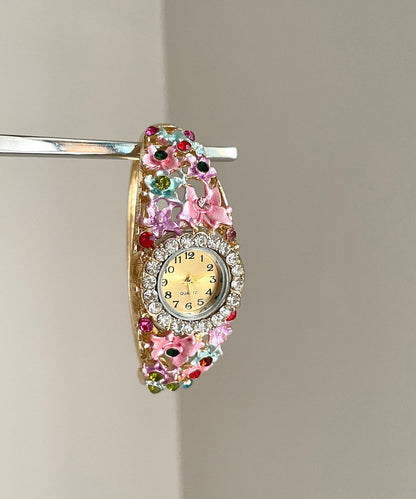Relojes de aleación de oro rosa con circonitas florales y cloisonné