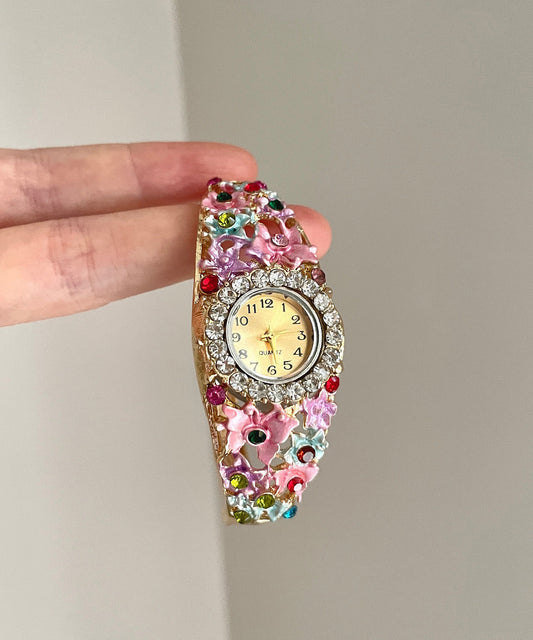 Relojes de aleación de oro rosa con circonitas florales y cloisonné