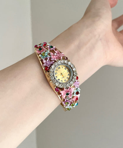 Relojes de aleación de oro rosa con circonitas florales y cloisonné