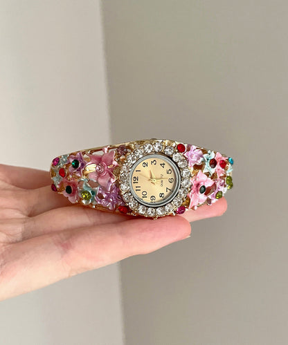 Relojes de aleación de oro rosa con circonitas florales y cloisonné