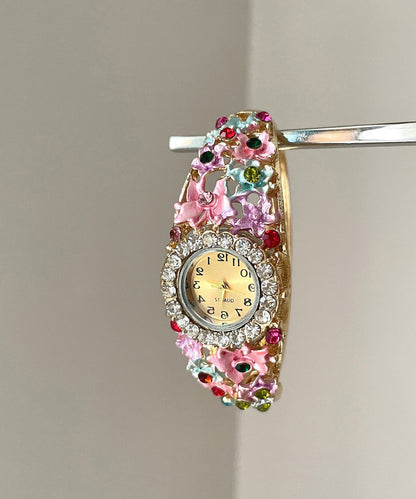 Relojes de aleación de oro rosa con circonitas florales y cloisonné