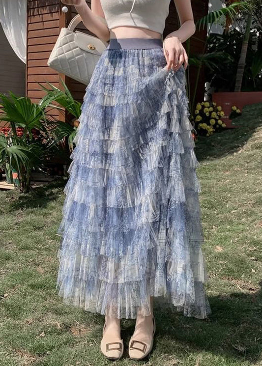 Falda larga de tul con efecto tie dye en color azul degradado para verano