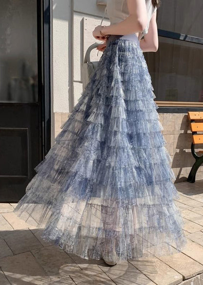 Falda larga de tul con efecto tie dye en color azul degradado para verano