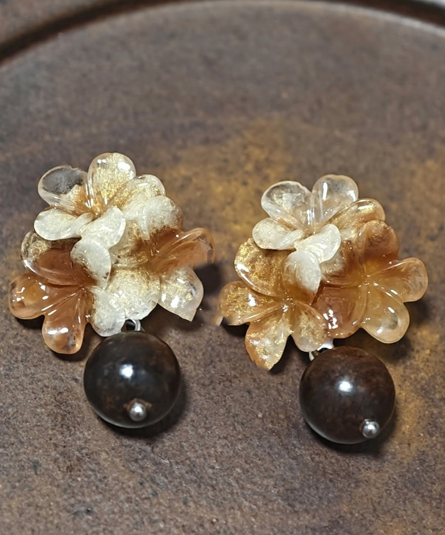 Gradient Color Brown Copper Floral Resin Drop Earrings