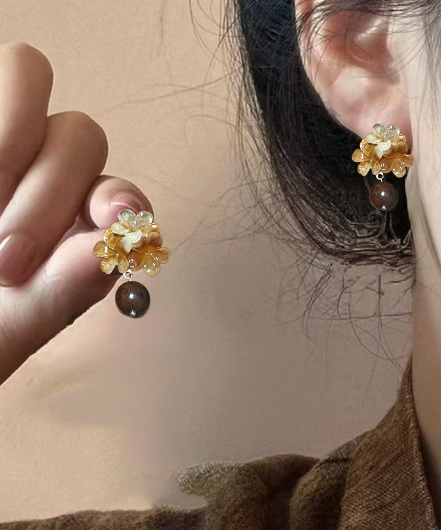 Gradient Color Brown Copper Floral Resin Drop Earrings