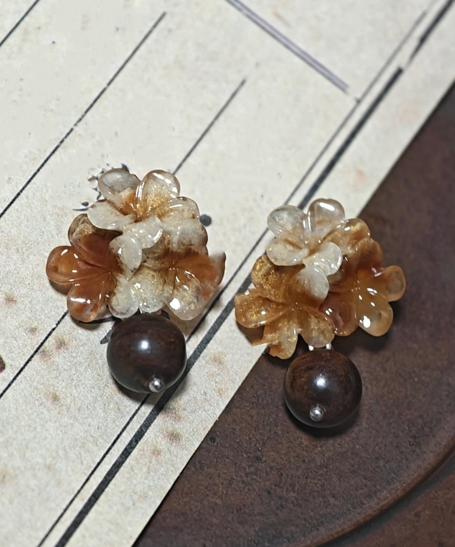 Gradient Color Brown Copper Floral Resin Drop Earrings