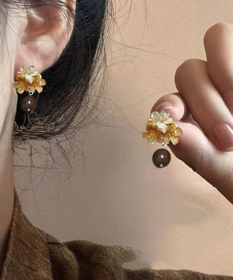 Gradient Color Brown Copper Floral Resin Drop Earrings