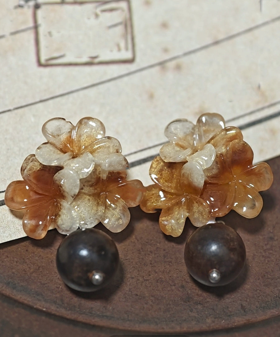 Gradient Color Brown Copper Floral Resin Drop Earrings