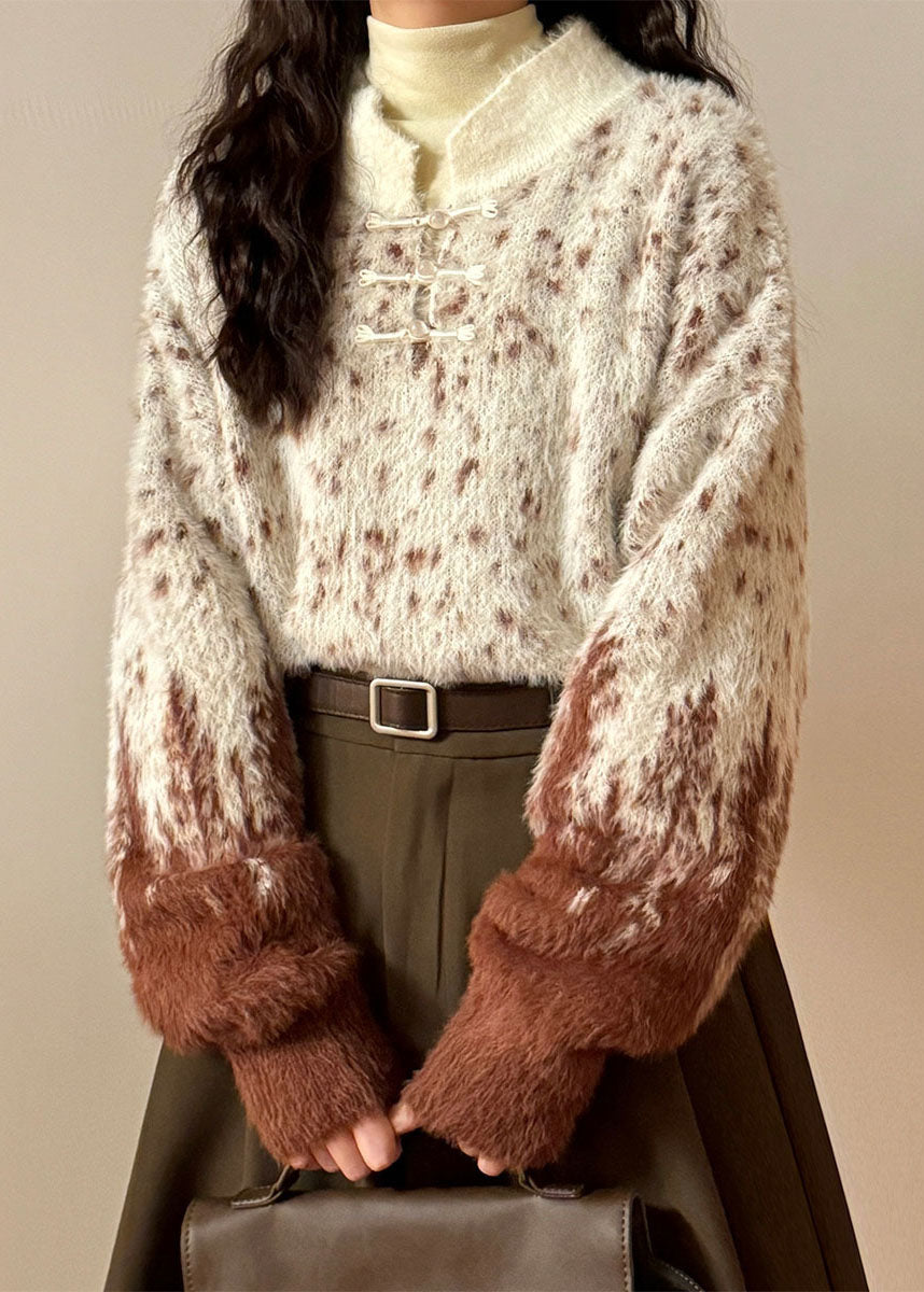 Gradient Color Chinese Button Cozy Knit Sweaters Stand Collar