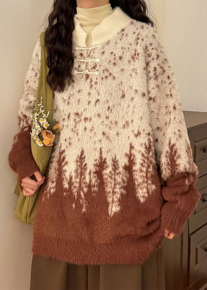 Gradient Color Chinese Button Cozy Knit Sweaters Stand Collar