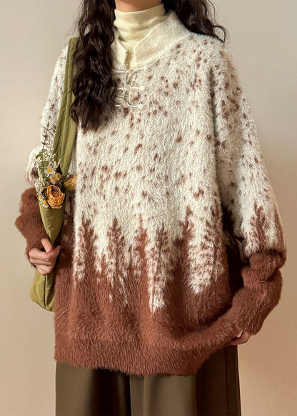 Gradient Color Chinese Button Cozy Knit Sweaters Stand Collar