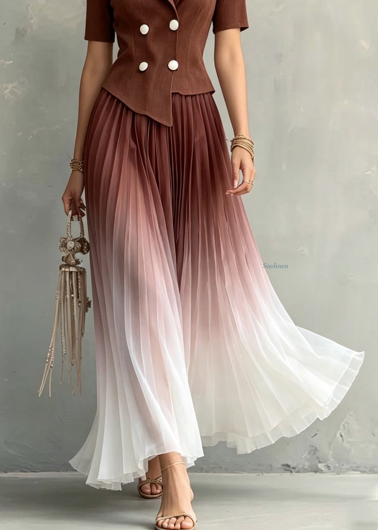 Gradient Color Coffee Notched Patchwork Maxi Dresses Short Sleeve