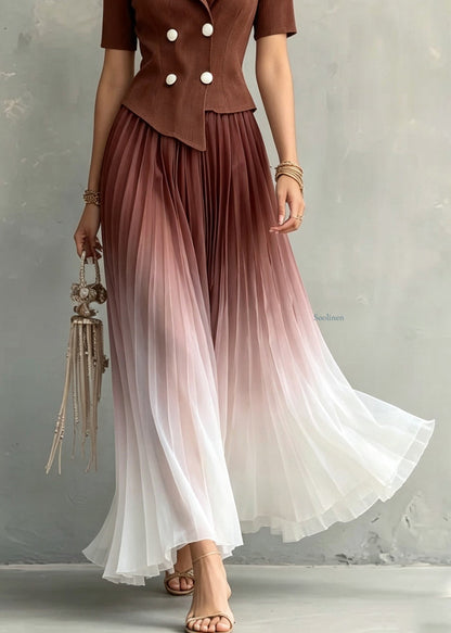 Gradient Color Coffee Notched Patchwork Maxi Dresses Short Sleeve