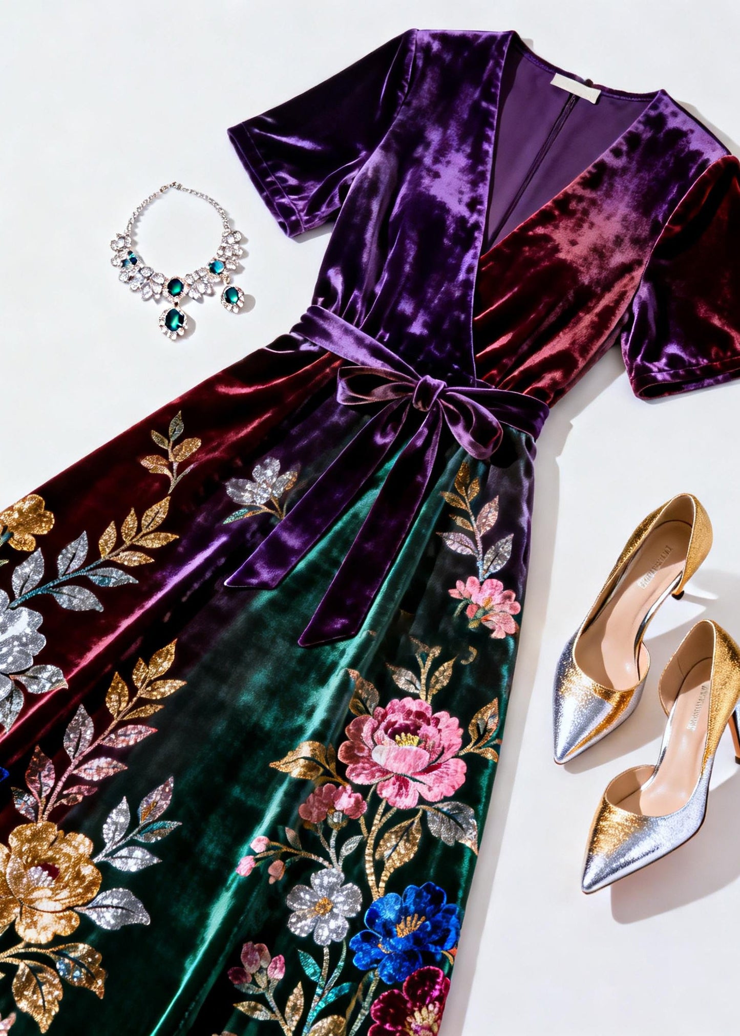 Gradient Color Print Tie Waist Silk Velvet Dresses V Neck Summer