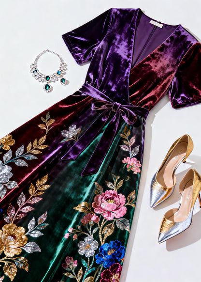 Gradient Color Print Tie Waist Silk Velvet Dresses V Neck Summer