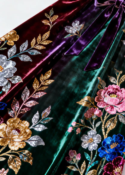 Gradient Color Print Tie Waist Silk Velvet Dresses V Neck Summer