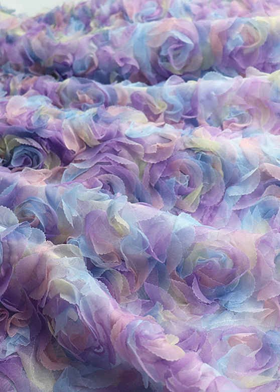 Farbverlauf Lila Besticktes Blumenmuster Elastische Taille Tüll Maxirock Langarm