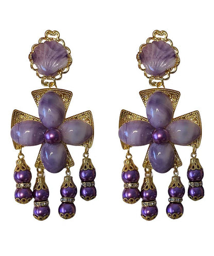 Gradient Color Purple Sterling Silver Overgild Floral Shell Tassel Drop Earrings
