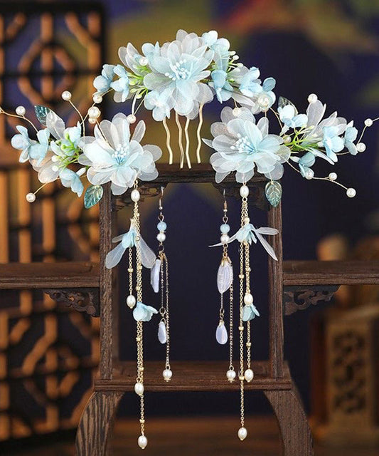 Gradient Color Sterling Silver Overgild Floral Tassel Hairpin Two-Piece Set