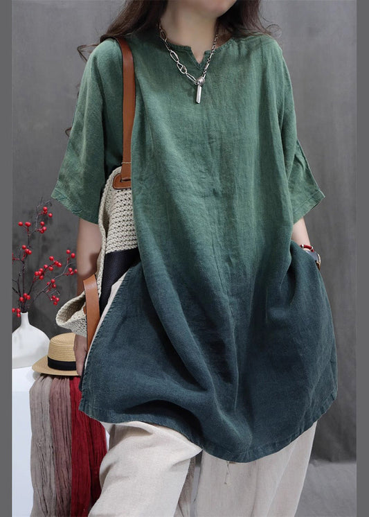 Gradient Green Linen Shirt Oversized Side Open Summer