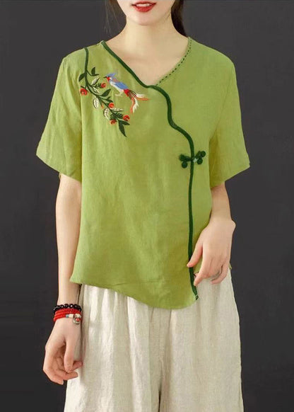 Grass Green Oriental Two Piece Suit Set Embroidered Summer