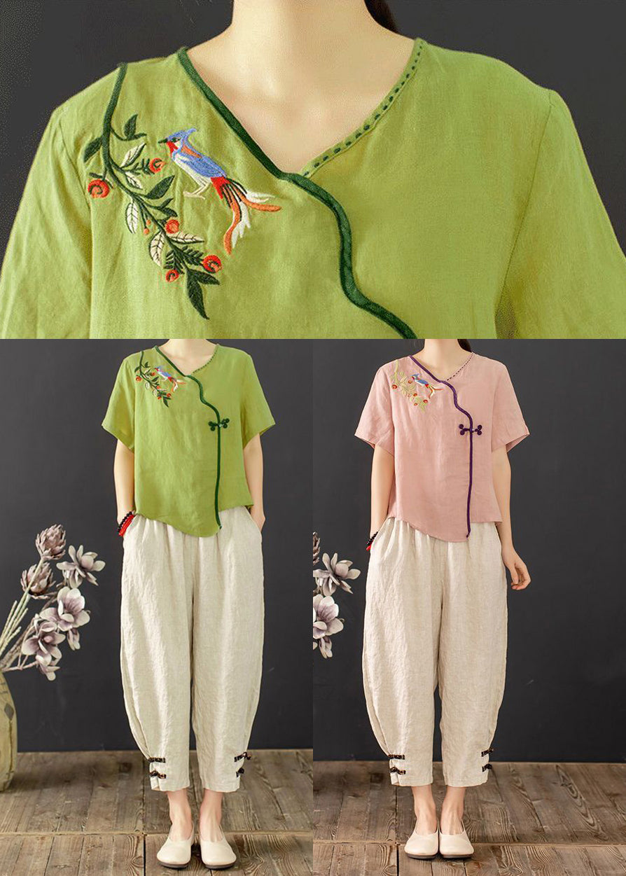 Grass Green Oriental Two Piece Suit Set Embroidered Summer