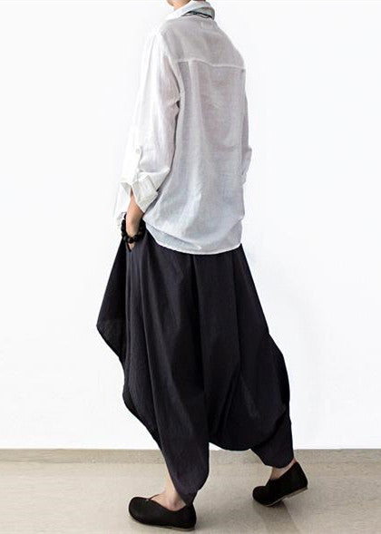 2024 early fall navy linen crop pants wide leg cotton pants asymmetric design