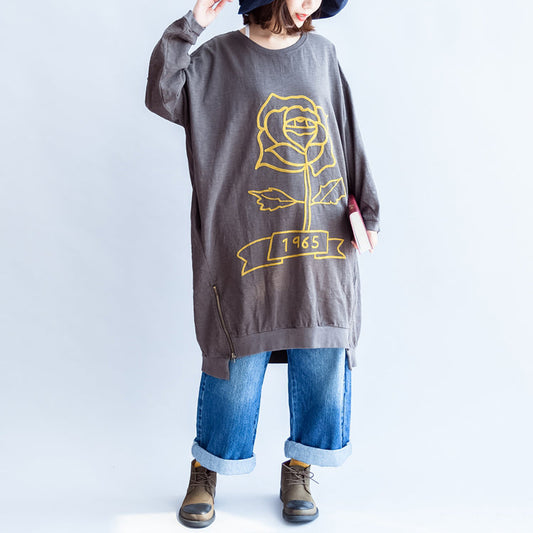 Graues Baumwollkleid mit Rosendruck und Reißverschluss am Saum, Oversize-Kleid