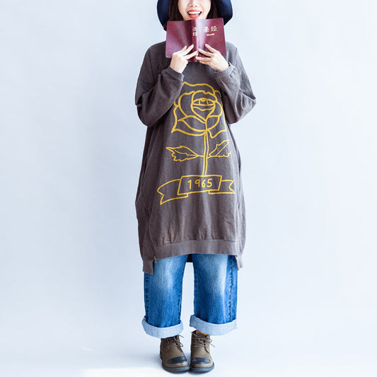 Graues Baumwollkleid mit Rosendruck und Reißverschluss am Saum, Oversize-Kleid