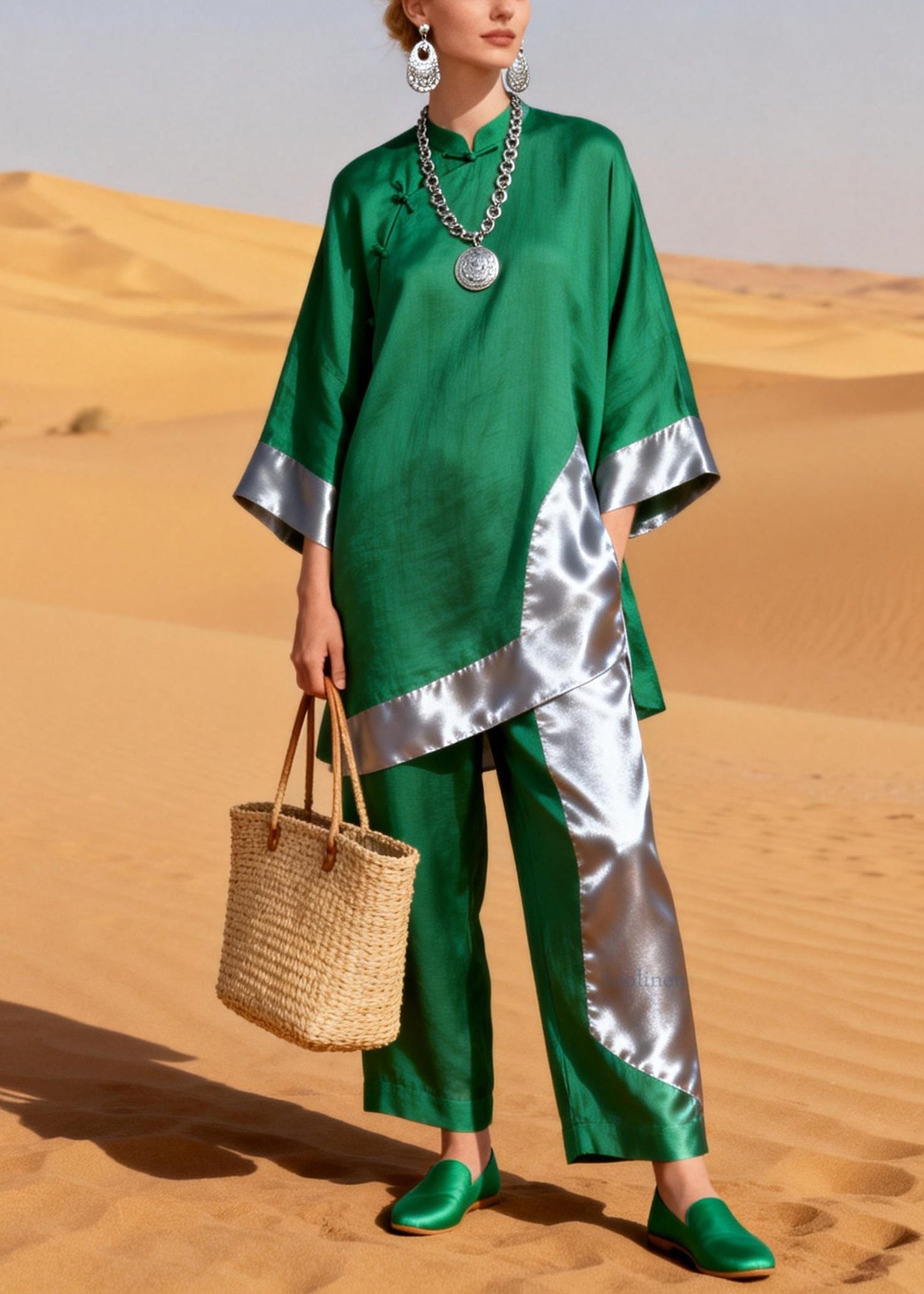 Green Asymmetrical Chinese Button Silk Patchwork Two Pieces Set Stand Collar