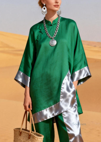 Green Asymmetrical Chinese Button Silk Patchwork Two Pieces Set Stand Collar