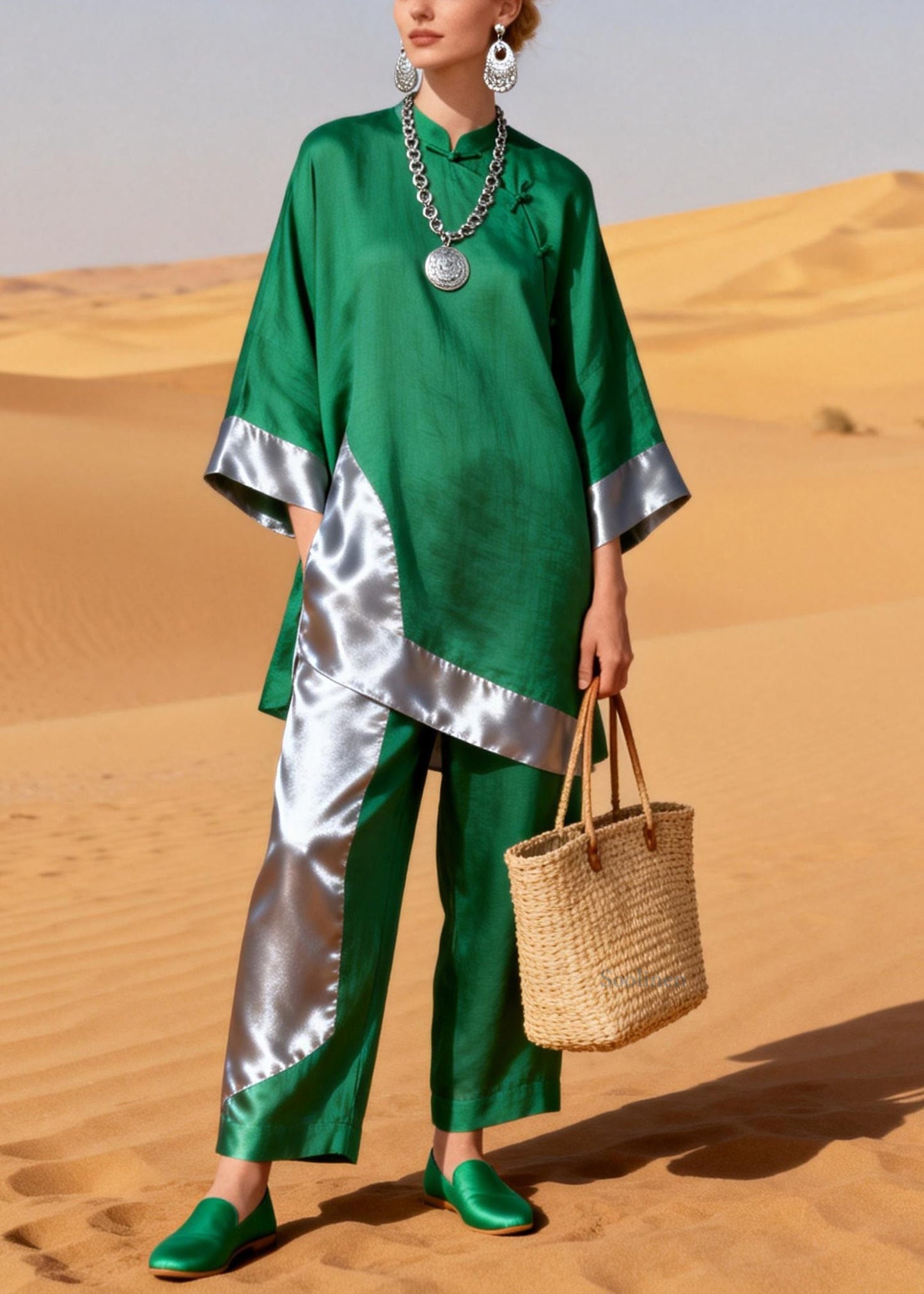 Green Asymmetrical Chinese Button Silk Patchwork Two Pieces Set Stand Collar