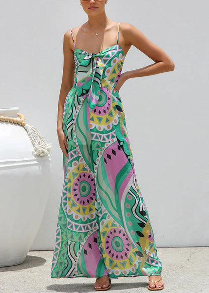 Green Bow Print Wide Leg Jumpsuit Summer