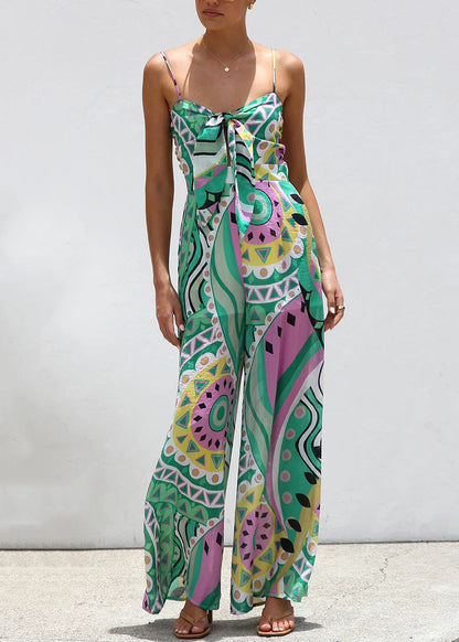 Green Bow Print Wide Leg Jumpsuit Summer