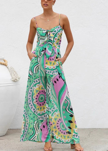 Green Bow Print Wide Leg Jumpsuit Summer