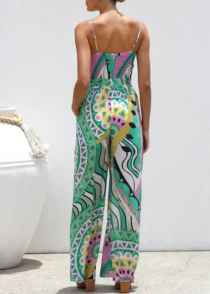 Green Bow Print Wide Leg Jumpsuit Summer