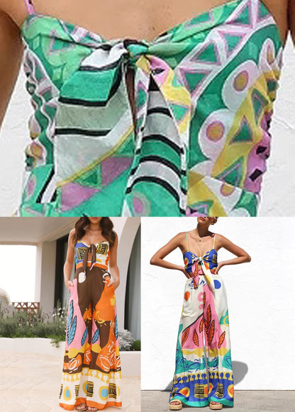 Green Bow Print Wide Leg Jumpsuit Summer