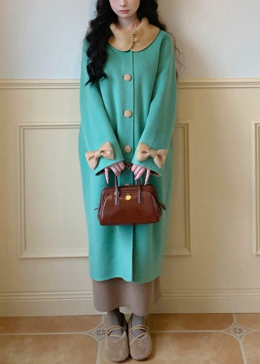 Green Button Bow Pockets Wool Coats Peter Pan Collar