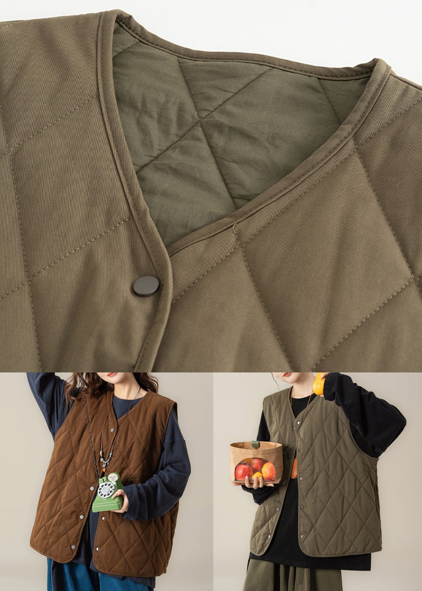 Zweiteiliges Set: Grüne, geknöpfte, baumwollgefüllte Weste und schwarzes T-Shirt mit V-Ausschnitt