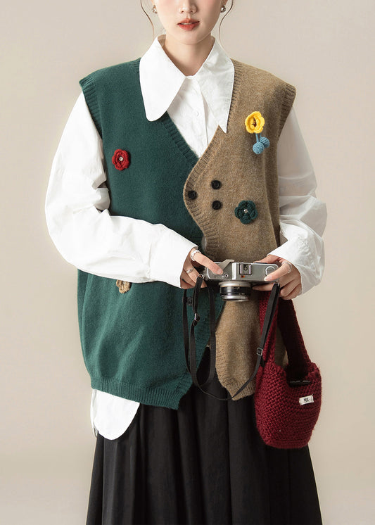Grüne, kuschelige Patchwork-Strickweste mit Knöpfen, asymmetrisch, Frühlingsform