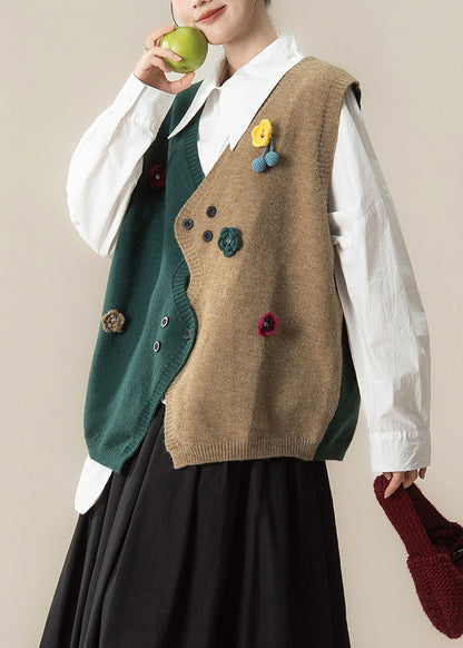 Green Button Cozy Patchwork Knit Vest Asymmetrical Spring