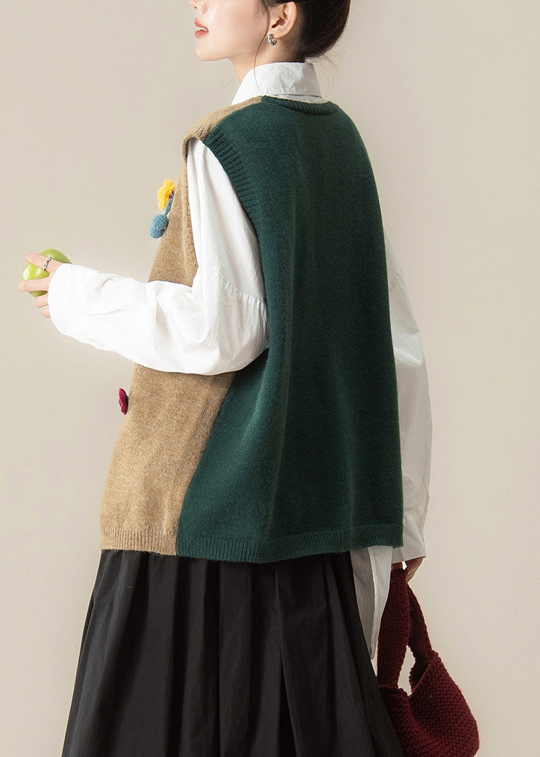 Green Button Cozy Patchwork Knit Vest Asymmetrical Spring