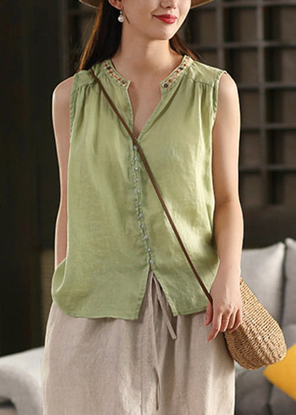 Green Button Patchwork Linen Sleeveless Shirts V Neck