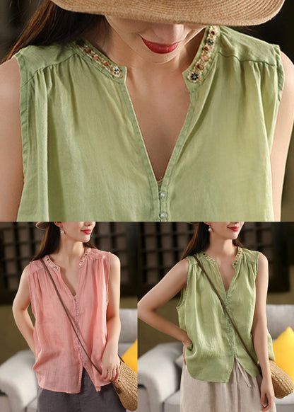 Green Button Patchwork Linen Sleeveless Shirts V Neck